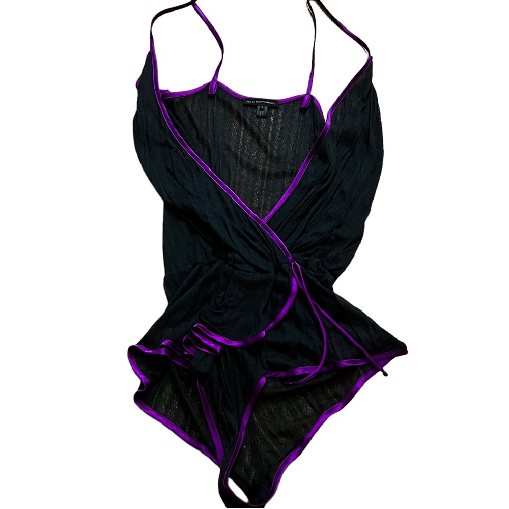 Kiki De Montparnasse Cashmere Knit Black Teddy with Purple Trim, Small, NWOT